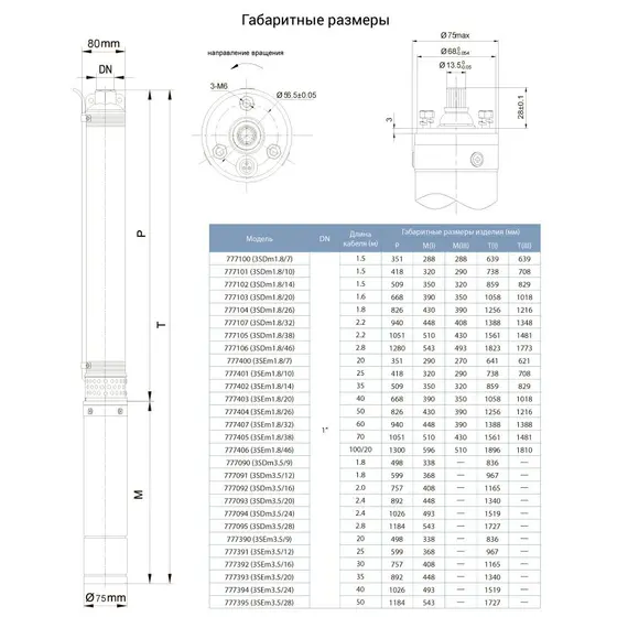 Насос відцентровий свердловинний 0.75кВт H 111(85)м Q 45(30)л/хв Ø80мм AQUATICA (DONGYIN) 3SDm1.8/26 (777104), фотография 2