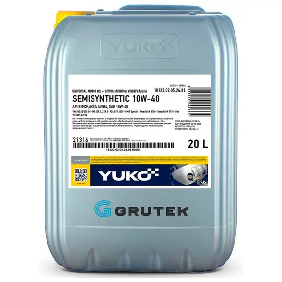 Моторна олива Yuko Semisynthetic 10W-40 20л (Знято з виробництва) 4820070240665, Об'єм, л: 20