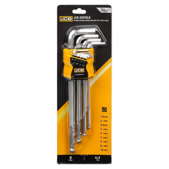 Haбор Г-обр. ключей шестигранных JCB Tools 1,5 мм - 10 мм удлиненные 9 шт с шаром JCB-5093XLB