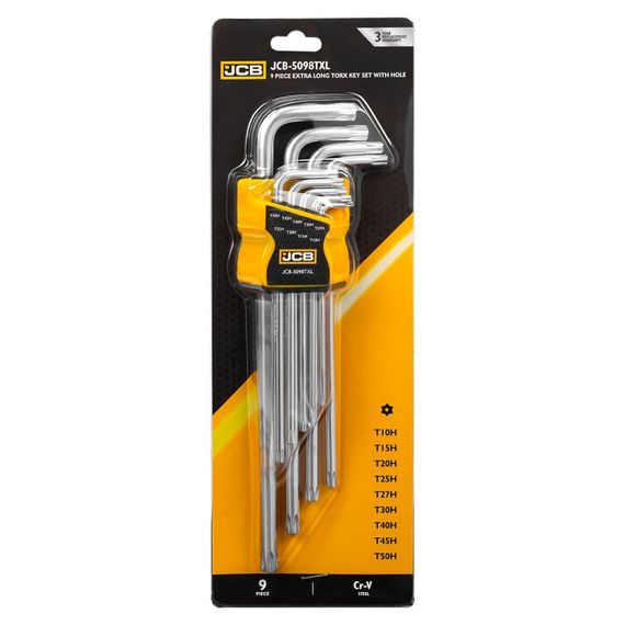 Haбор Г-обр. ключей TORX JCB Tools T10H-T50H удлиненные с отверстием 9шт JCB-5098TXL
