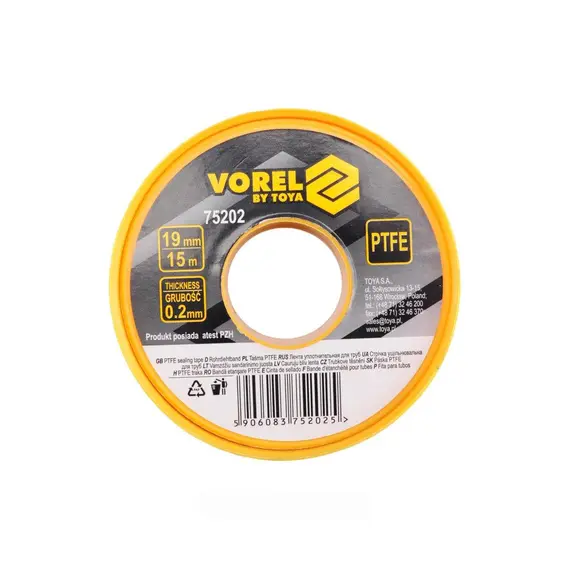 Фум - стрічка VOREL тефлонова ущільнююча l= 15 м b= 19 мм h= 0.2мм