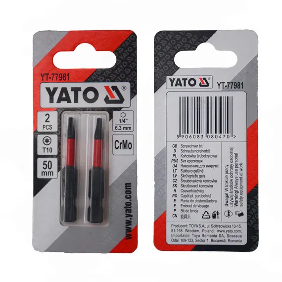 Насадка отверточная YATO TORX T10 х 50 мм HEX 1/4" хром-молибден 2 шт.