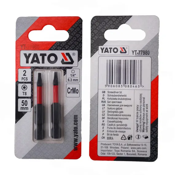 Насадка отверточная YATO TORX T8 х 50 мм. HEX 1/4" хром-молибден 2 шт.