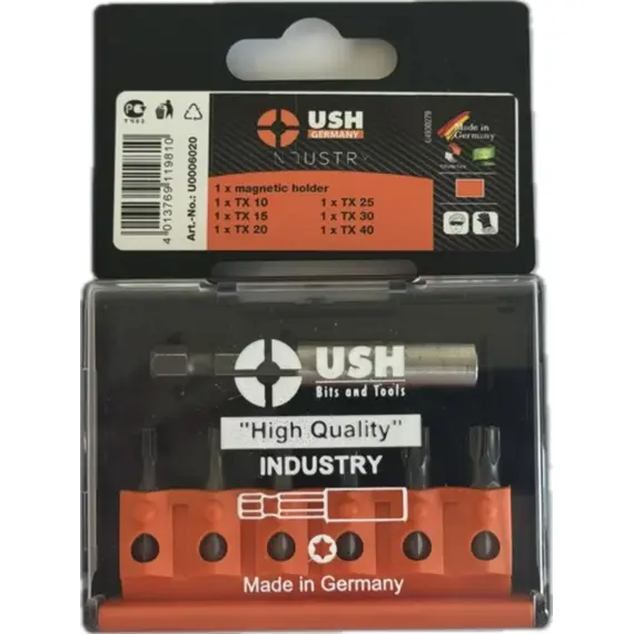 Набор насадок отверточных Industry USH: 1/4" с магнитным держателем T10 T15 T20 T25 T30 T40 7 эл.