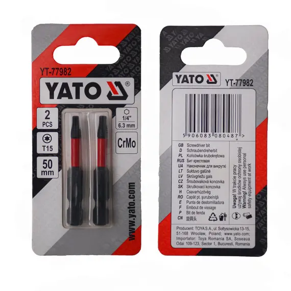Насадка отверточная YATO TORX T15 х 50 мм. HEX 1/4" хром-молибден 2 шт.