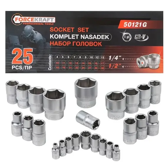 Набор головок в металлическом кейсе 25 пр. 1/2'', 1/4'' (6-гр.) (FORCEKRAFT) 57683