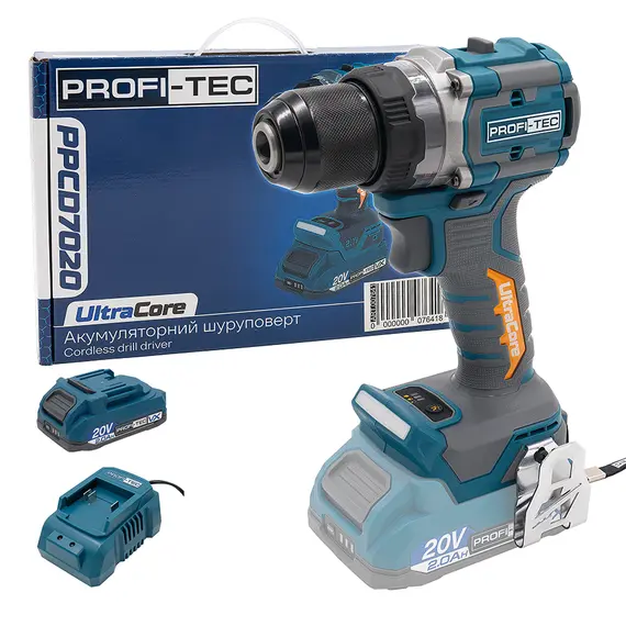 Аккумуляторная дрель-шуруповерт PROFI-TEC PPCD7020 UltraCore (1×PT2020VX (2.0 Ач), зарядное устройство)