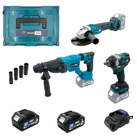 Аккумуляторный набор PROFI-TEC Combo Set 3/9 20V (PBH201, DTW500BL, DGA20BL) (2 х PT2040MP (4.0Aг) зарядное устройство, кейс, фотография 2