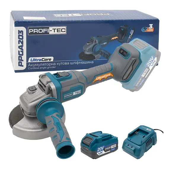 Аккумуляторная угловая шлифовальная машина PROFI-TEC PPGA203 UltraCore (1×PT2040VX (4.0 Ач), зарядное устройство)