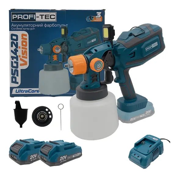 Аккумуляторный краскопульт PROFI-TEC PSG1420 Vision (2×PT2020VX (2.0 Ач), зарядное устройство), фотография 2