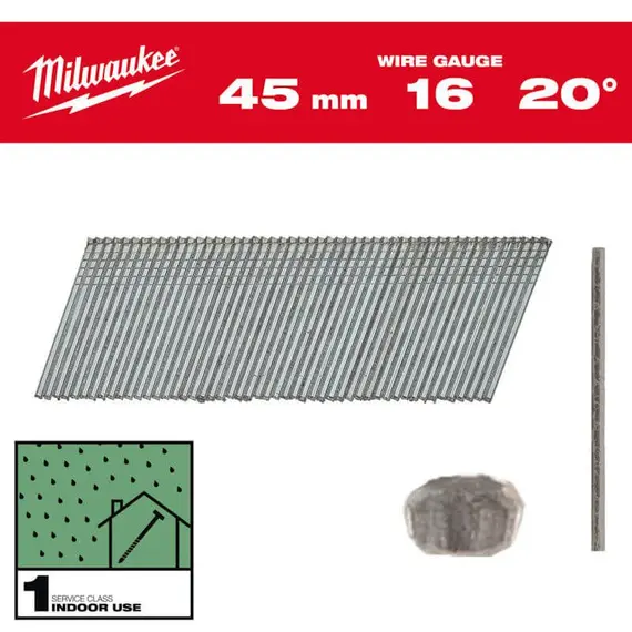 Гвозди оцинкованные с Т-образной головкой MILWAUKEE, 16G/20°/45мм, (2000шт)