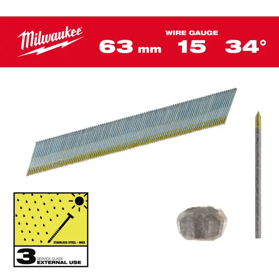 Гвозди из нержавейки с D-образной головкой MILWAUKEE, 15G/34°/63мм, (2200шт)