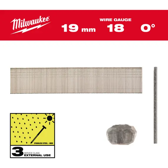 Гвозди из нержавейки с Т-образной головкой MILWAUKEE, 18G/0°/19мм, (10000шт)
