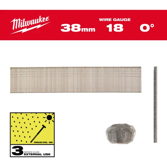 Гвозди из нержавейки с Т-подобной головкой MILWAUKEE, 18GA/0°/38мм, (5000шт)