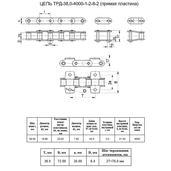 Ланцюг ТРД-38,0-4000-1-2-8-2 L=2.7 м (P-38.0-4000-1-2-8-2 x71 L)