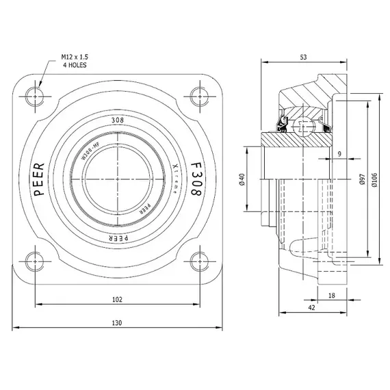 Корпус із підшипником W308-40MM-FDT-MF-AP-SP1 (PER.W308RRPB52-F-A) PEER